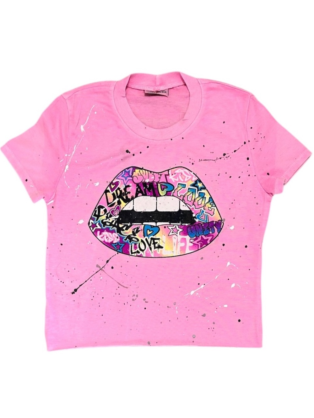 Firehouse Girl's Hot Pink Cropped Graffiti Lips Graphic T-Shirt - Size Small